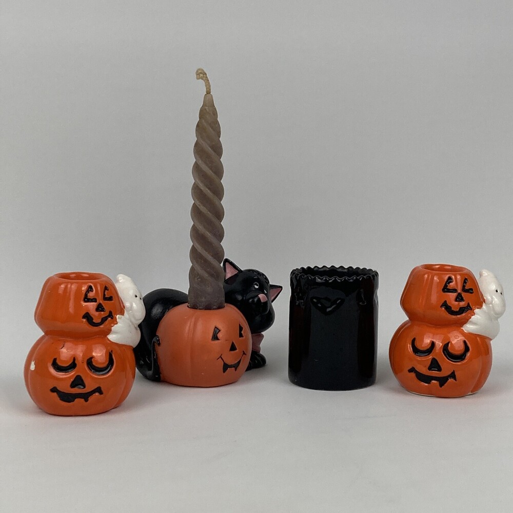 VTG Set 4 Cat Ghost JOL American Greetings 90s Halloween Ceramic Candle Holders